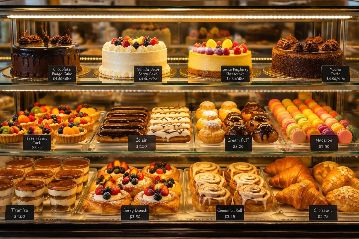 Vitrine de confeitaria com bolos iluminados por fitas LED (imagem ilustrativa)